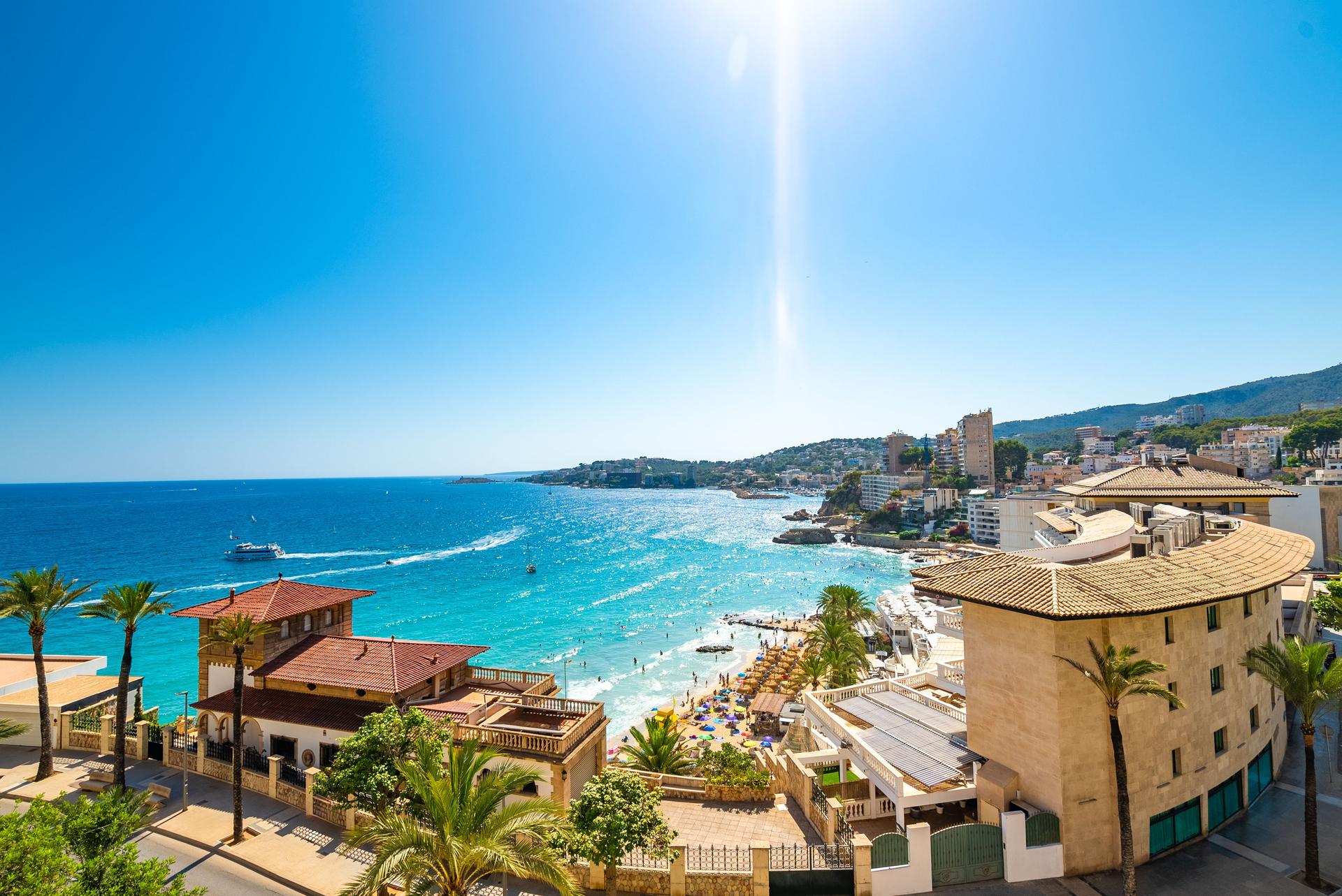 Aerial View of Cala Major Beach and Coastline in Mallorca, Spain